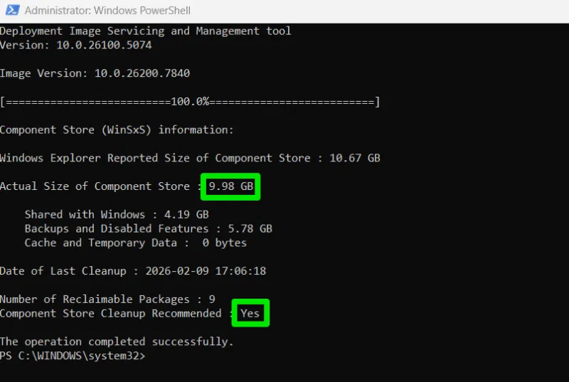 检查 WinSxS 文件夹大小