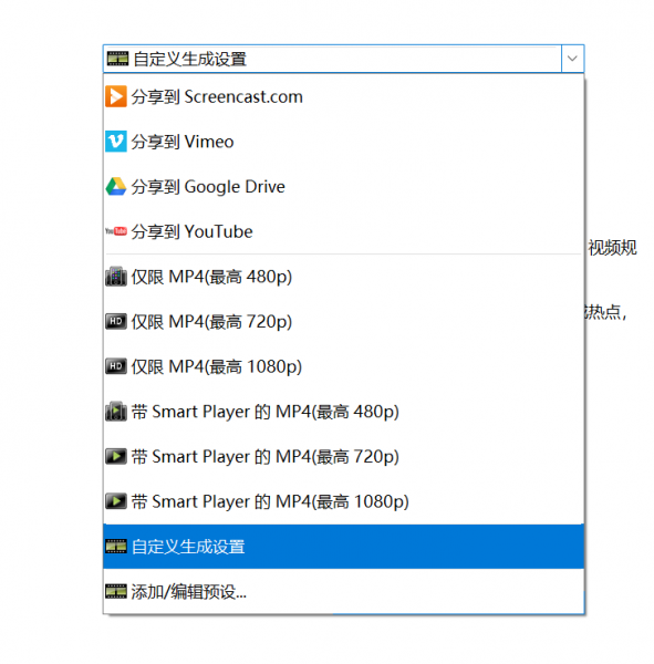 选择自定义生成设置