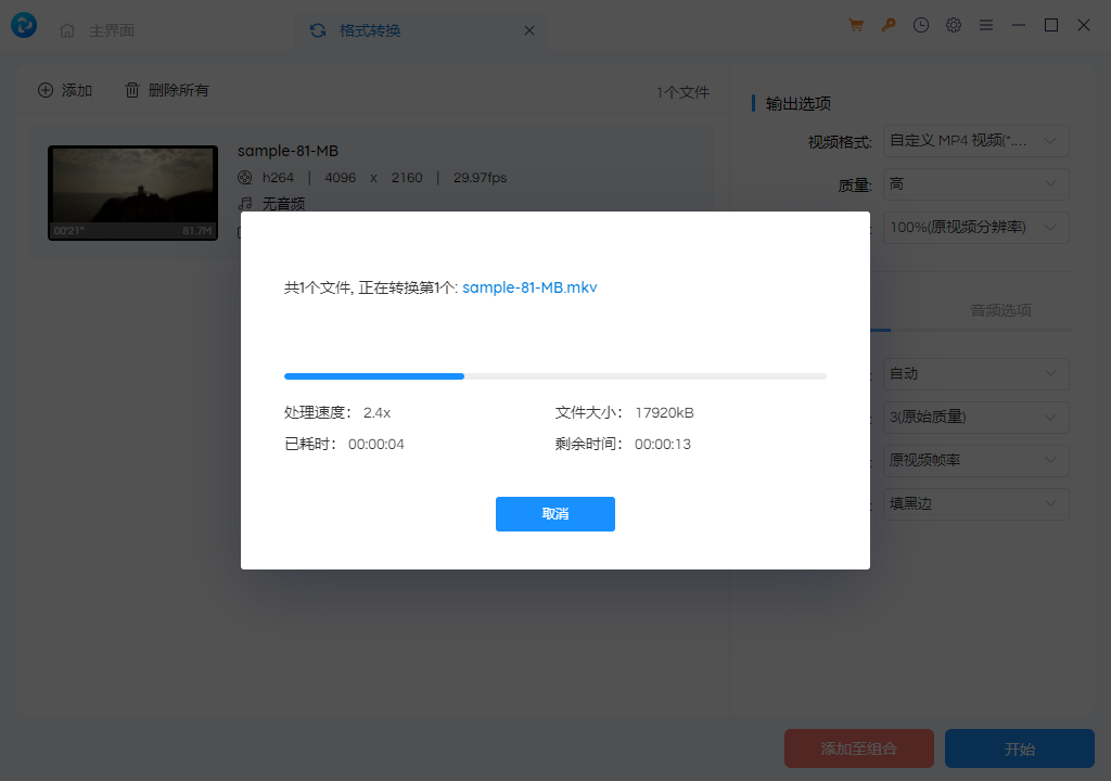开始转换为 MP4 视频