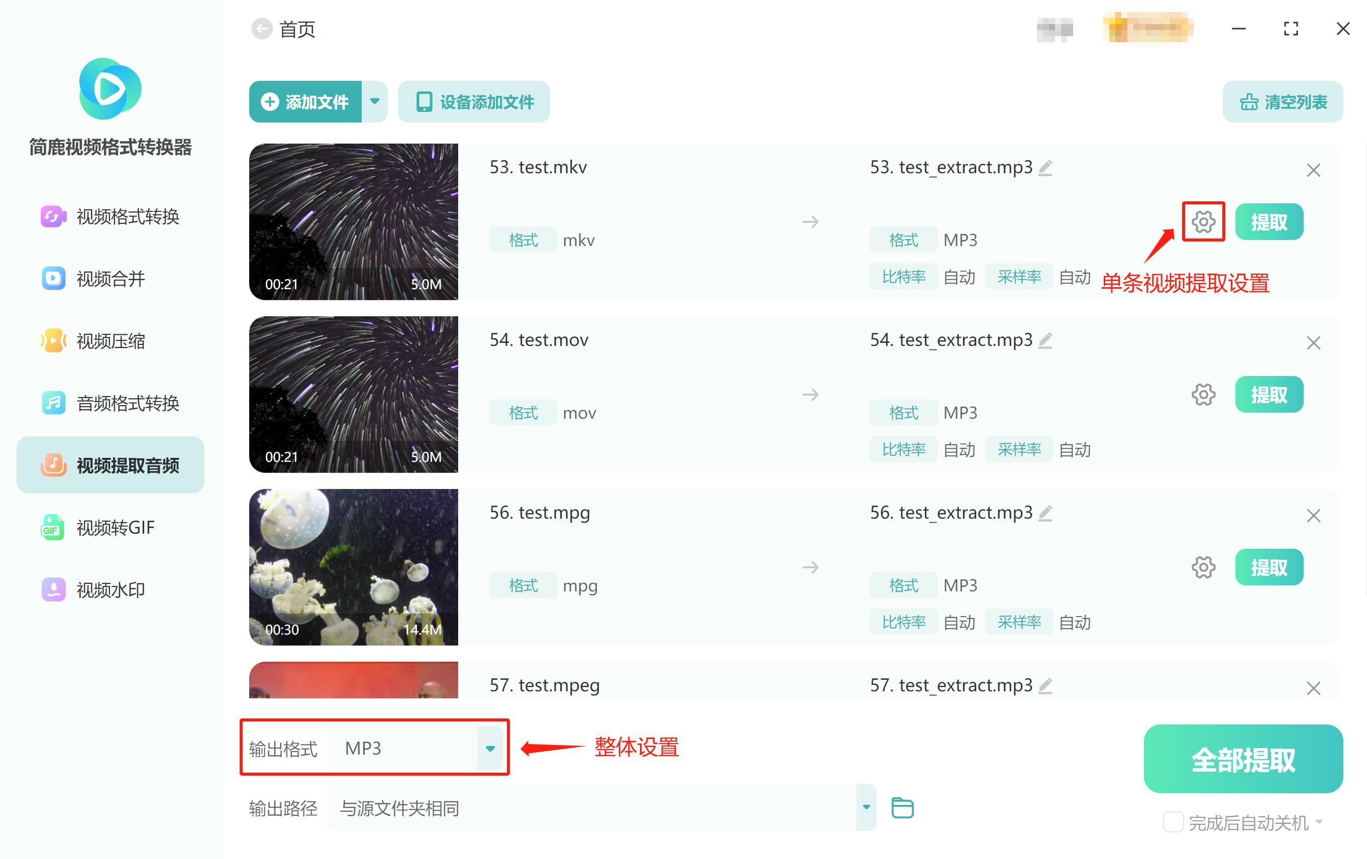 单条视频提取音频设置和整体设置