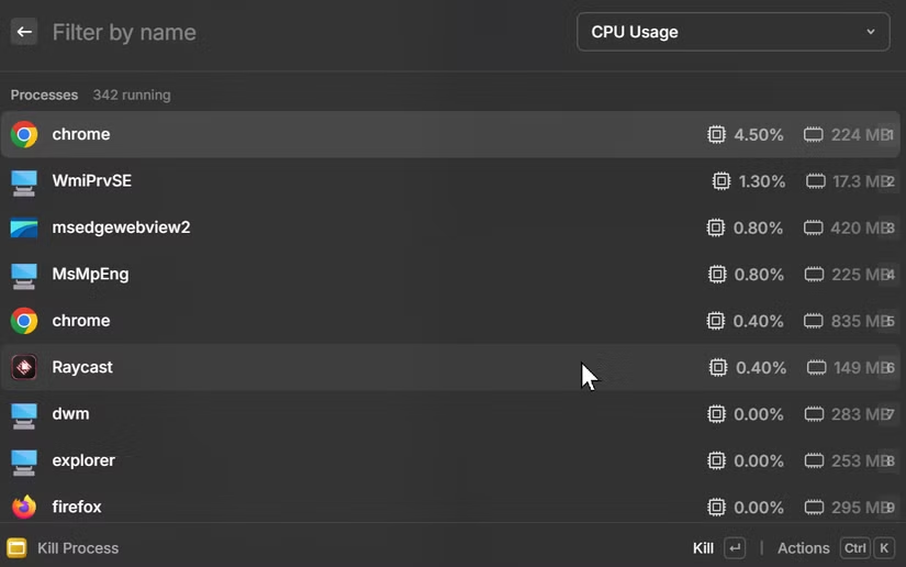 Raycast 管理进程