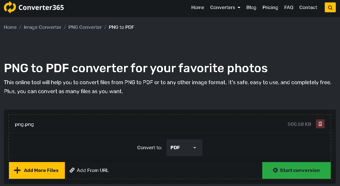 Converter365 的在线 PNG 转 PDF 步骤一
