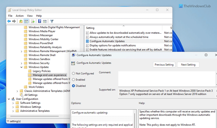 通过本地组策略编辑器禁用 Windows 11 更新