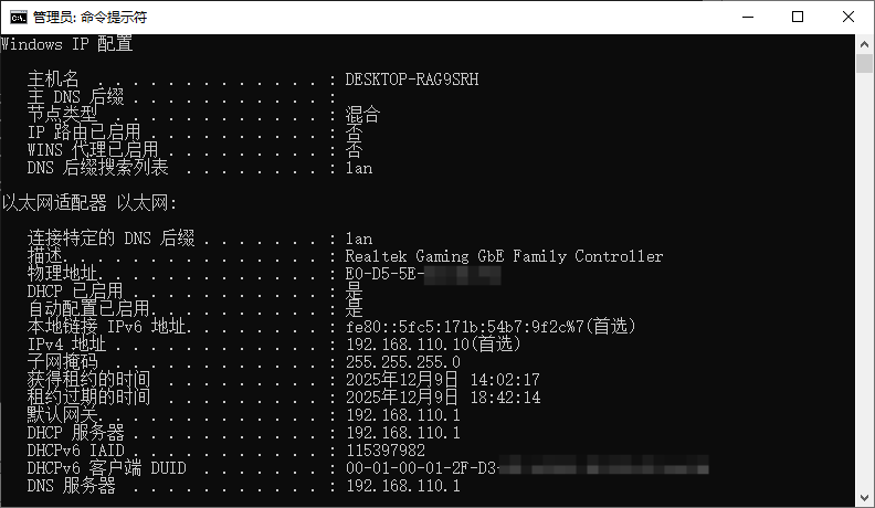 ipconfig /all 命令