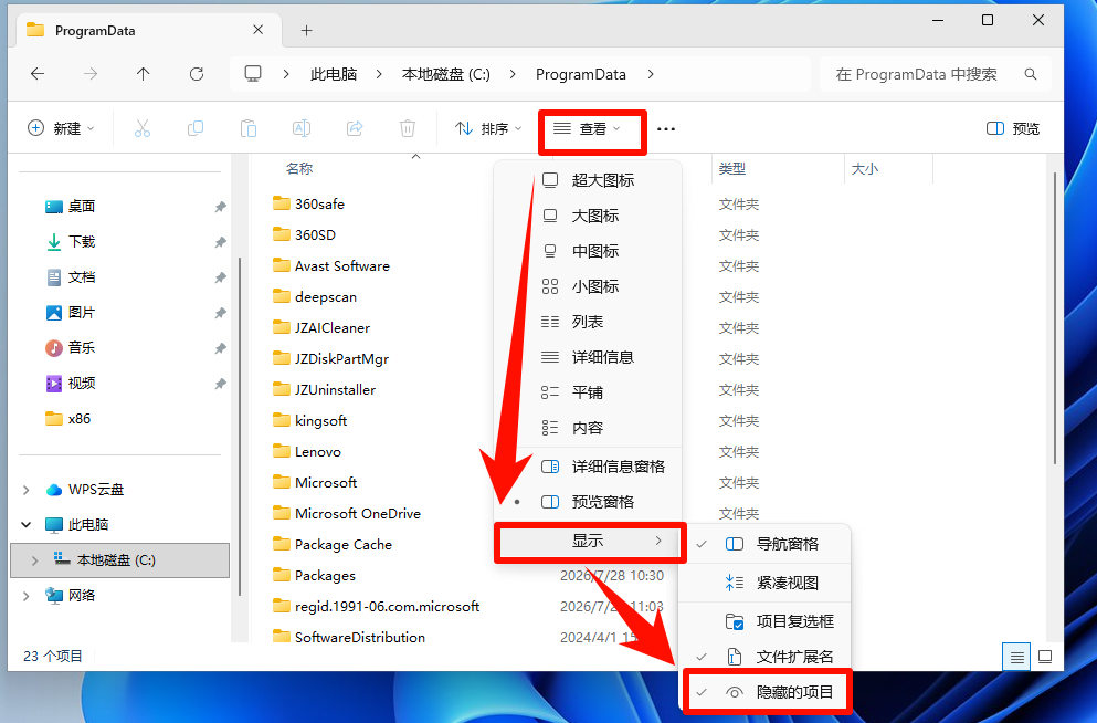 勾选显示隐藏的项目显示 ProgramData 文件夹
