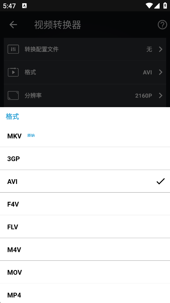 选择视频输出格式