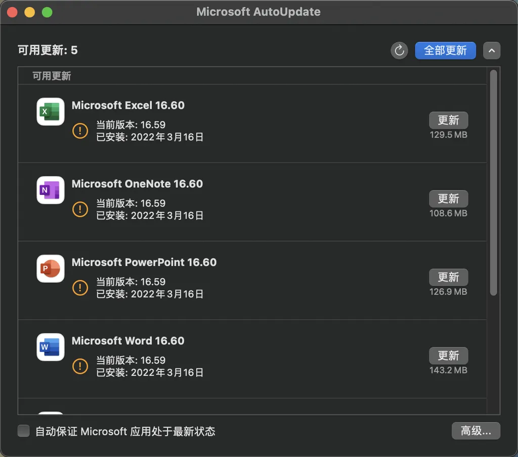 Microsoft AutoUpdate 窗口