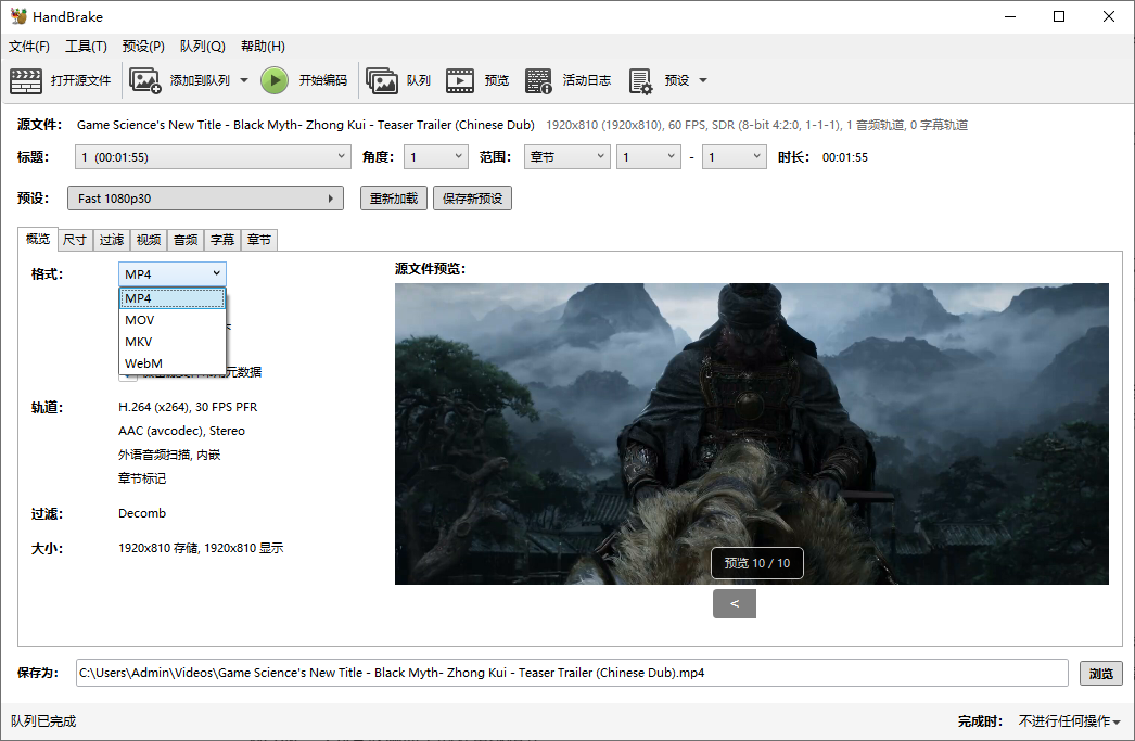 HandBrake 支持输出哪些视频格式